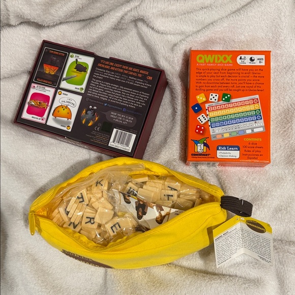 Exploding Kittens Card Game, Qwixx Dice Game and Double Bananagrams Set Bundle - Picture 2 of 2